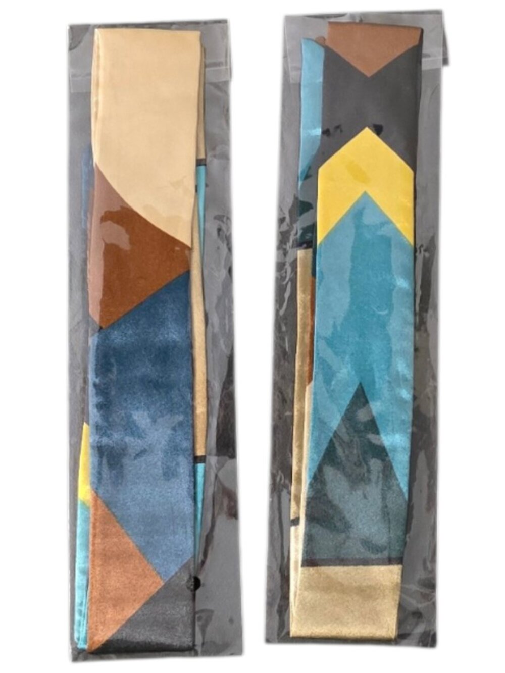 Geometric Print Twilly Scarf Teal Gold Black Skinny Purse Handle Wrap Hair Scarf